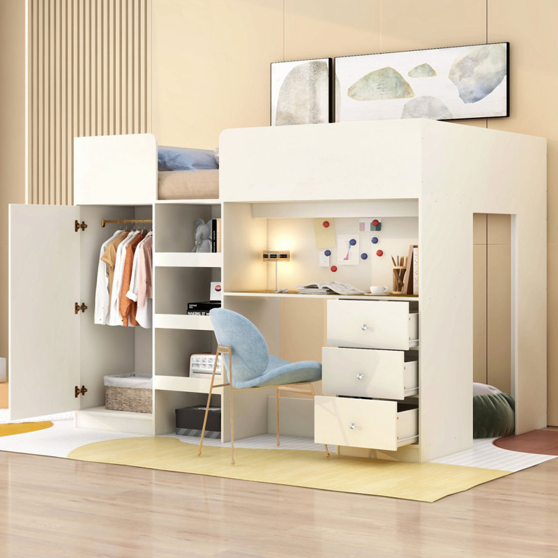 Lit mezzanine double en bois avec garde-robe intégrée, bureau, tablettes de rangement et tiroirs, Beige