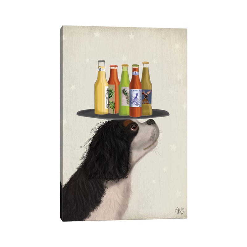 King Charles Spaniel Black White Beer Lover by Fab Funky - Wrapped Canvas Print, 20.32 cm H x 30.48 cm W