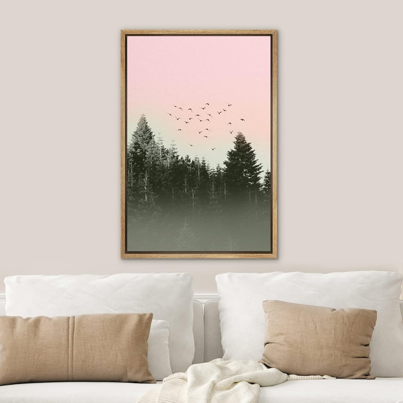 «Pastel Sky Birds Fly Pine Trees Nature», reproduction sur toile multicolore