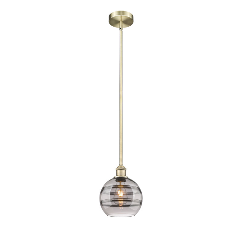 Edison Bienes 1 Light 6" Stem Hung Mini Pendant-616-G556, 9.38" H x 8" W x 8" D, Light Smoke, Antique Brass