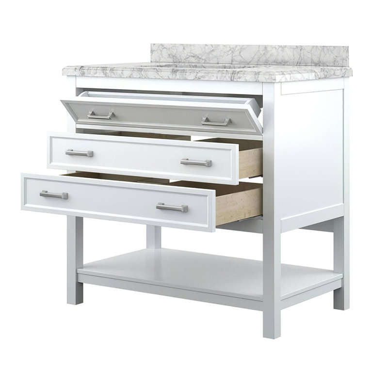 Meuble-lavabo simple 37 po avec plateau en marbre de Carrare Analena, Blanc