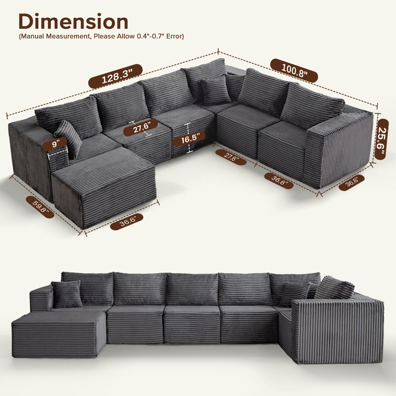 Modular Cloud Sectional Sofa With Boneless U-Shape Chaise, Cloud Couch Sectional With Deep Seat & Plush Corduroy Fabric, No Assembly Needed Upholstered Couches For Living Room, Bedroom