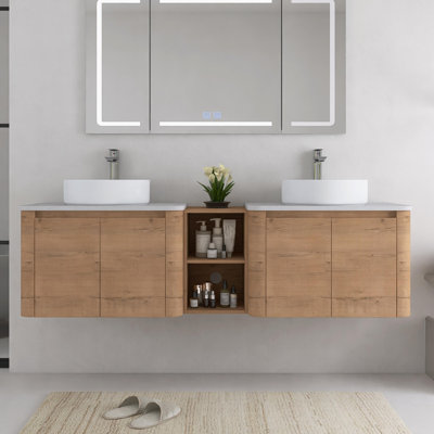 Ensemble de meuble-lavabo mural 72 po avec lavabos vasques en céramique et 1 tablette de rangement, portes à fermeture en douceur
