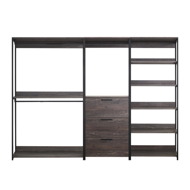 Kennyth Freestanding Walk in Wood Closet System with Metal Frame, 77.70" x 111" x 17.30", Rustic Gray