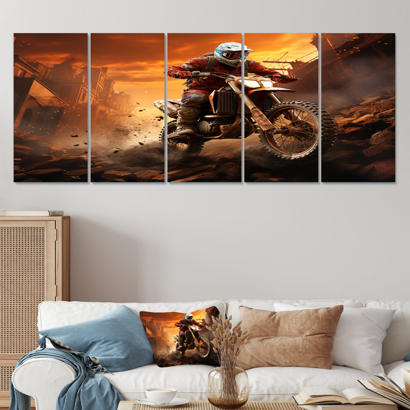 Ensemble d'art mural orange et noir Dirt Bike Rider III - Moto, H 32 po x l 80 po