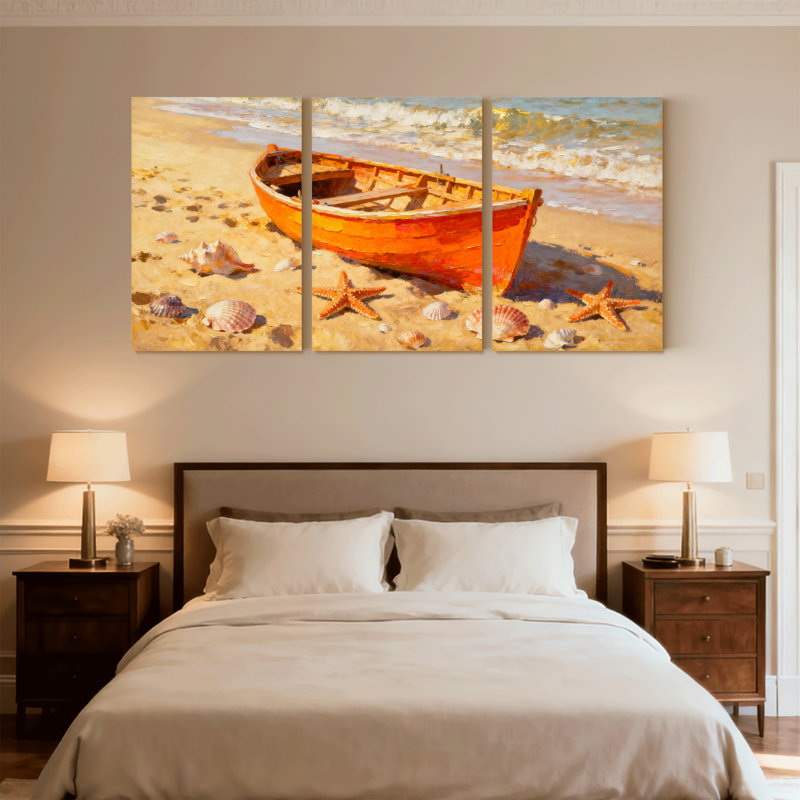 Nautique et plage, bateau, étoile de mer, coquillages, vagues de sable, soleil, océan, ensemble de 3 impressions sur toile