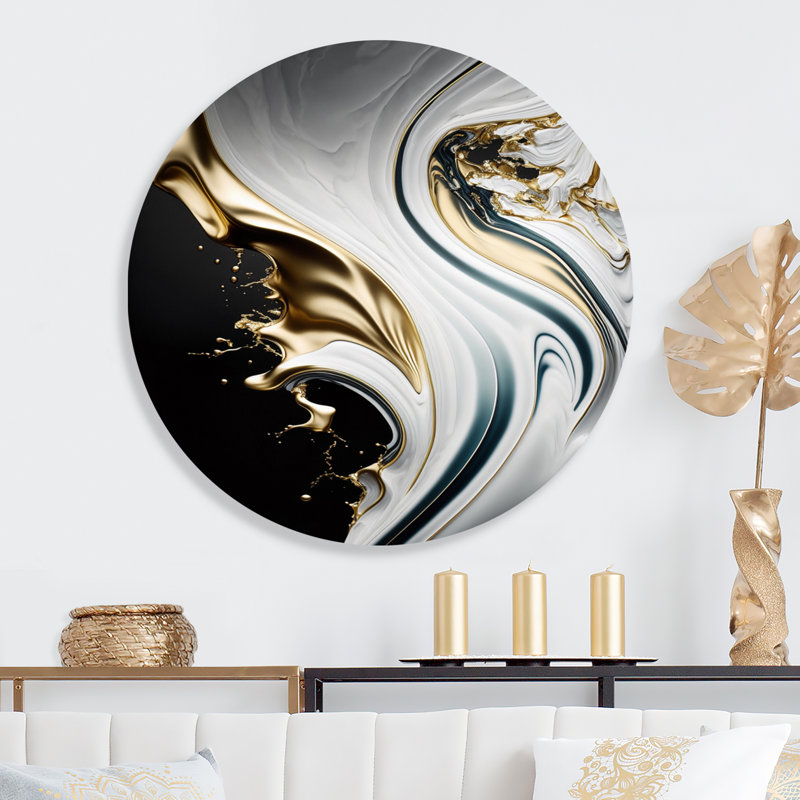 Géode abstraite, vagues de marbre blanc I - art mural rond abstrait sur métal, L 16 po x H 16 po