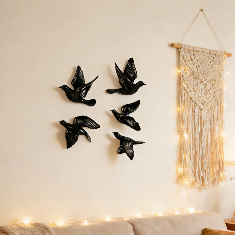 Modern Flying Birds Wall Art Decoration - Five-piece Set, Ebony