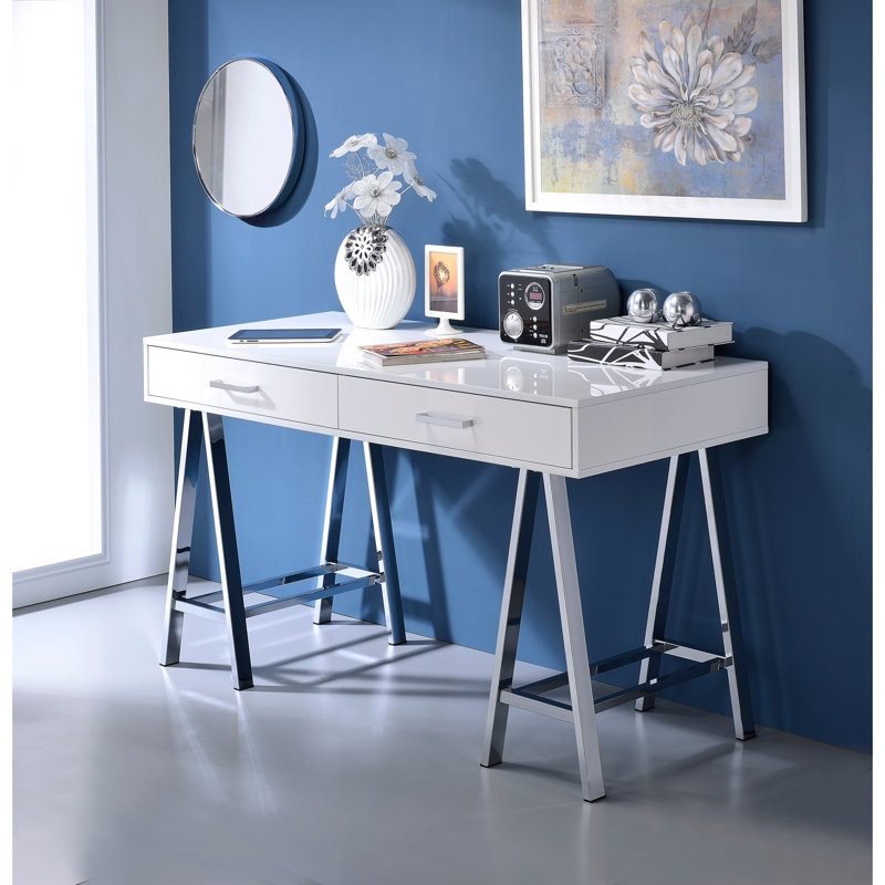Bureau d'écriture blanc brillant et chrome avec port USB, Blanc / Blanc