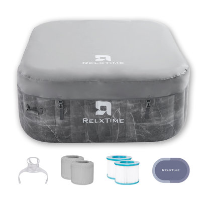 Relxtime Square Portable Hot Tub 2-4 Person With Hot Tub Cover And Non-slip Seats, Outdoor Inflatable Blow Up Spa With 120 Bubble Jets, Built In Heater Pump, 2 Filter Cartridges