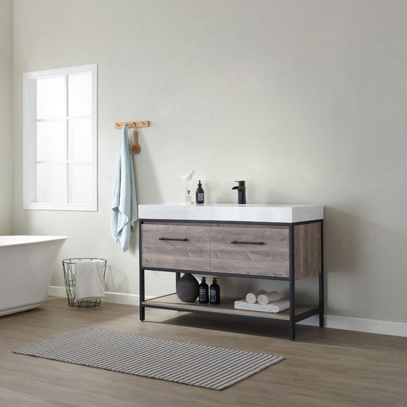 Ensemble de meuble-lavabo simple 48 po Bernasia, Marbre blanc, Chêne mexicain / noir