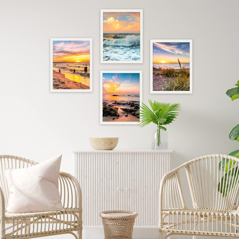 Encadrement pastel coucher de soleil nautique océan plage, ensemble de 4 impressions murales colorées de paysage encadrées sur papier, impression de 4 pièces