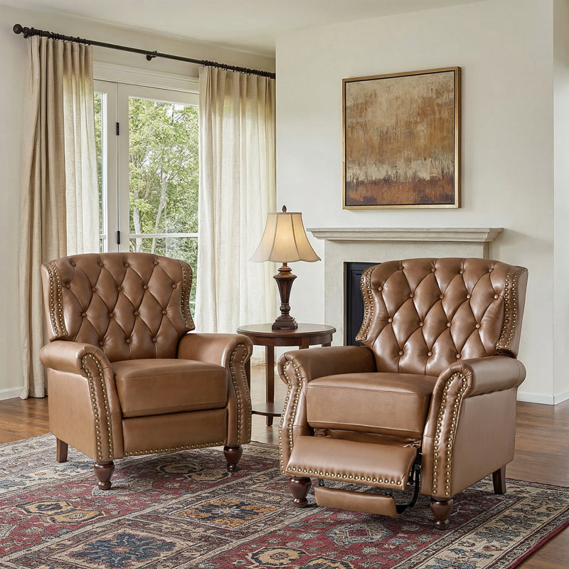 Amaira 34.5'' Wide Genuine Leather Manual Wing Chair Recliner (Set of 2), Camel  