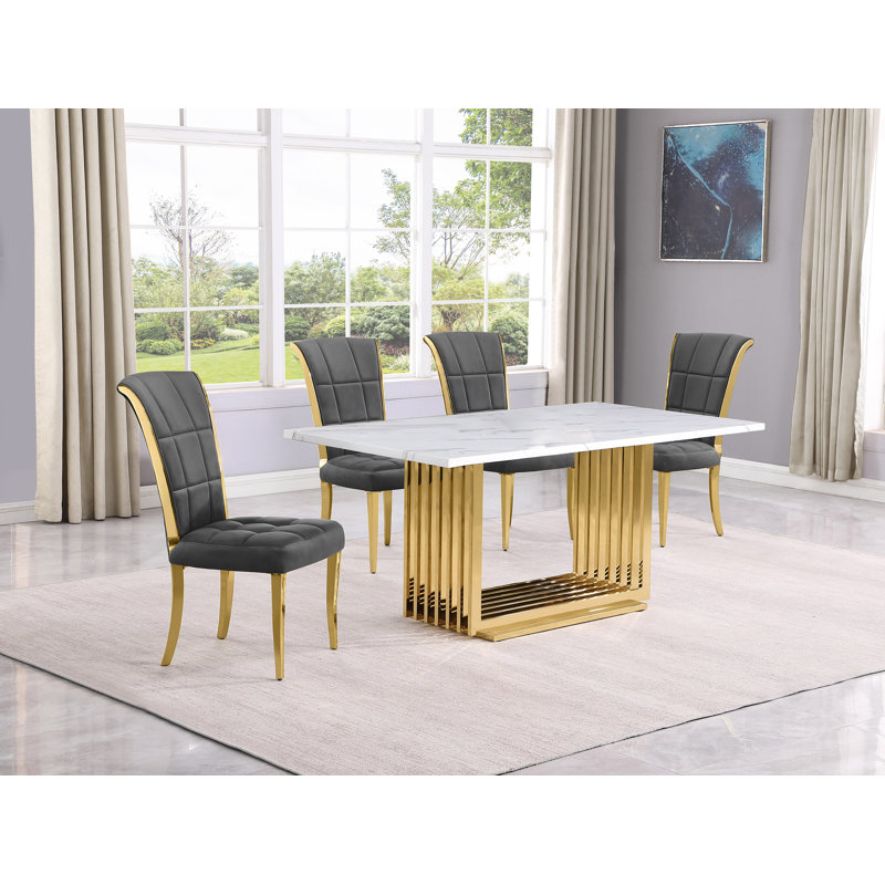 Kernisha Marble Top Pedestal Dining Set, 5, Gray/Gold, Gold