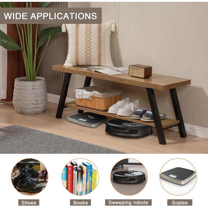 Farmhouse Industrial Metal & Wood Entryway Bench With Shoe Storage Compartments - Thumbnail 4