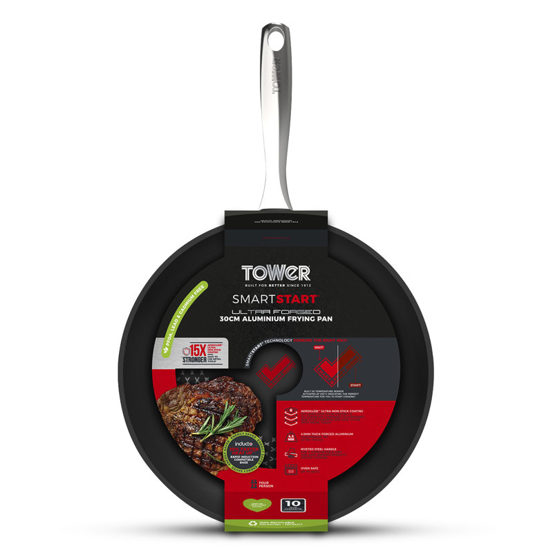 Tower SmartStart Ultra Forged Aluminium Frying Pan with Easy Clean Aeroglide Non-Stick, 15x Stronger, Induction Compatible, Oven Safe up to 220°, Long Lasting, PFOA Free