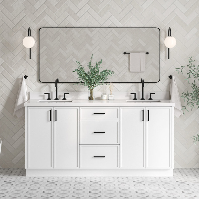 ARIEL Kelly 73 Double Sink Bathroom Vanity with Pure Quartz Top, Pure White Quartz, Rectangular, White