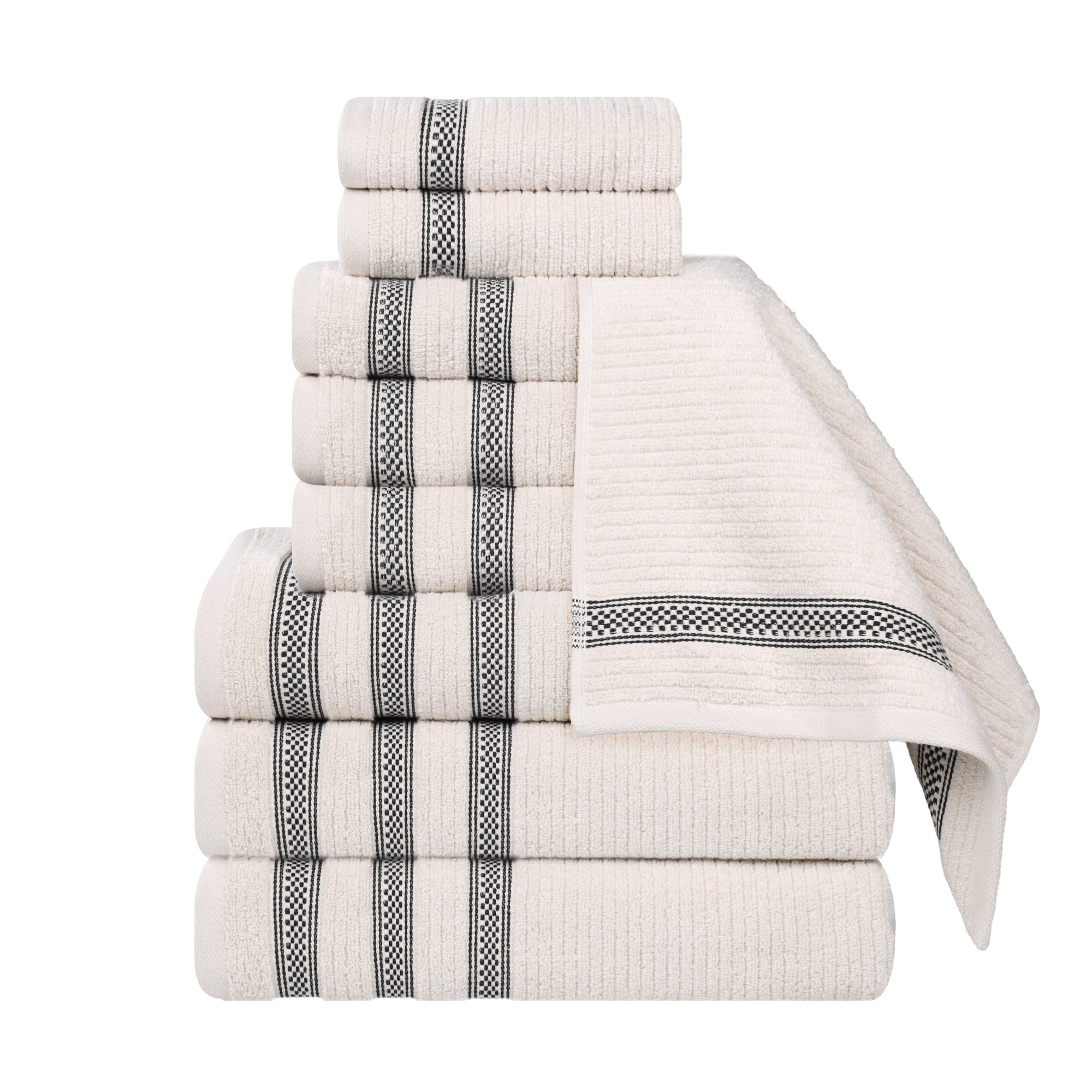 Orley Zero Twist Cotton Ribbed Modern Geometric Border Soft Highly-Absorbent Assorted Bathroom Towel Set, Stone