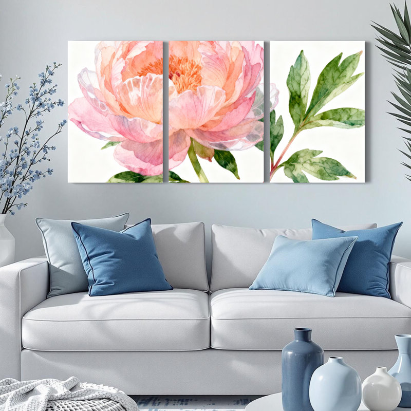 Aquarelle, pivoine, impression sur toile, ensemble floral (ensemble de 3), H 36 po x l 72 po