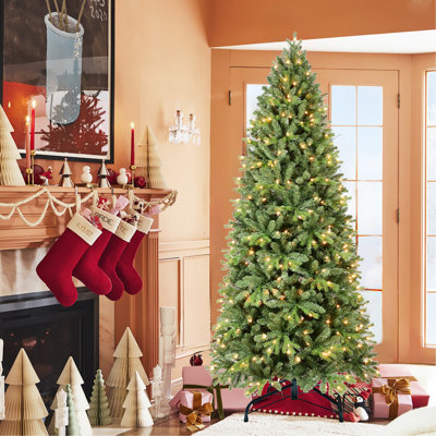 Arbre de Noël 7,5 pi avec 1599 pointes et 450 lumières à DEL blanc chaud - branches mixtes en PVC + PE, structure à charnières pour une installation facile, support en métal pour un soutien solide, décoration des Fêtes luxueuse