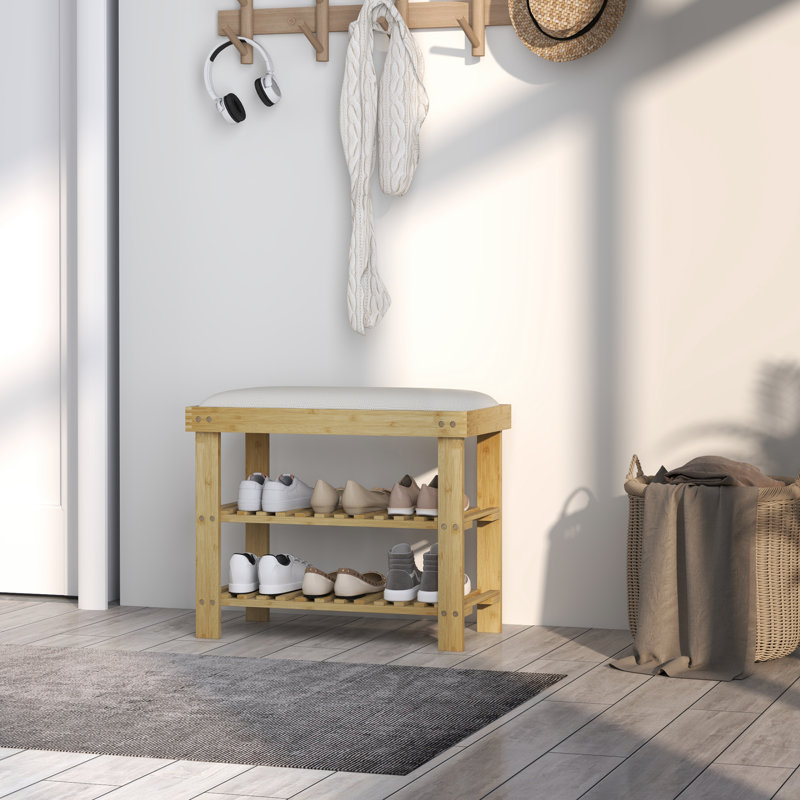 Bamboo Shoe Bench, 3-Tier Entryway Bench With Storage And Cushion, Shoe Organizer For Entryway, Hallway, Holds Up To 331 Lbs, 23.6 X 11.4 X 19.3 Inches, White