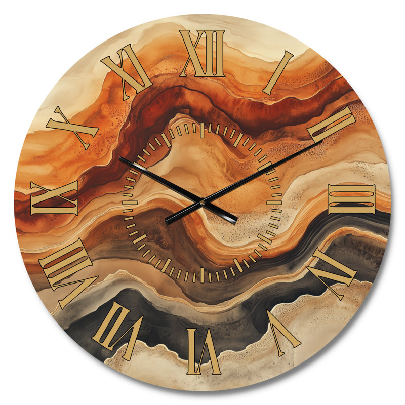 Horloge murale en métal de style Mid-Century, motif abstrait Warm Earth Flow Ink, Médium
