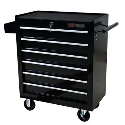 6 Drawer Industrial Tool Box With Locking Mechanism And Wheels - Black Chest Drawers System, Robust For Workshop