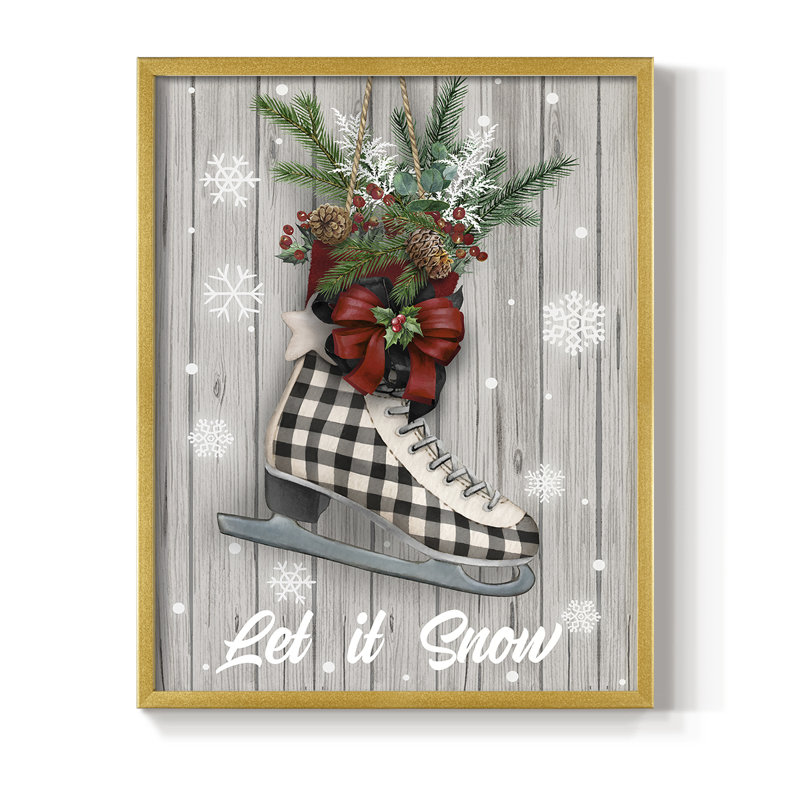 Patins de Noël, reproduction encadrée - bois massif, H 21 po x l 17 po, Doré