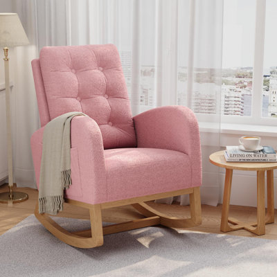 Modern High-Back Nursery Rocking Chair with Stuffed Fleece Upholstery & Sturdy Wood Legs, Glider for Living Room or Bedroom, Pink (No Footrest)