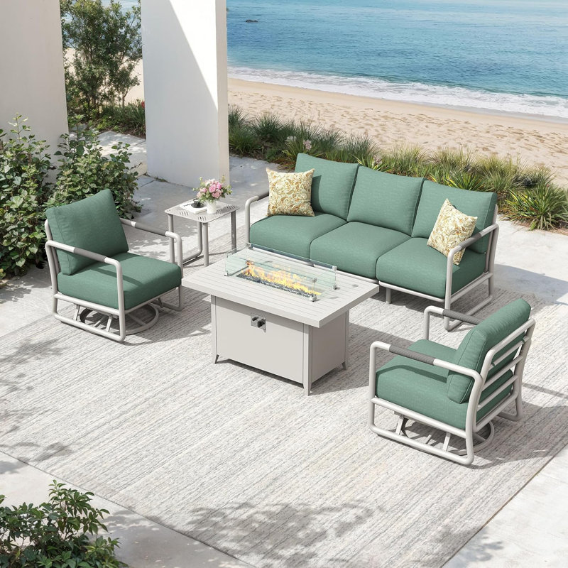 Outdoor Aluminum Patio Furniture Set, 5-Seats Patio Conversation Sofa Set with 2 Swivel Rocking Chairs and Oversized Fire Pit Table
