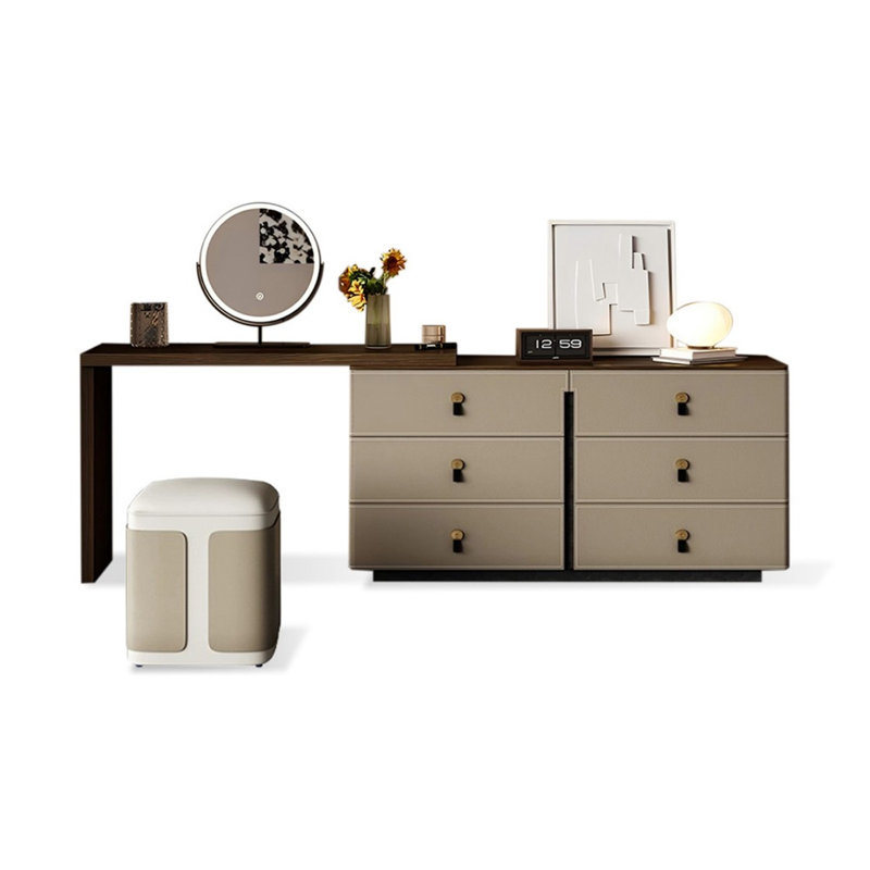 Coiffeuse avec miroir lumineux, 6 tiroirs, prise de courant