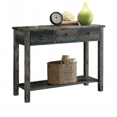 Console en gris et bleu sarcelle antique, plateau en bois rectangulaire avec deux tiroirs et une unité de rangement ouverte, poids limite de 70 lb, tiroir en bois synthétique rustique de 40 lb, 16,13 po Profond, 42,71 de large, 31,46 de haut