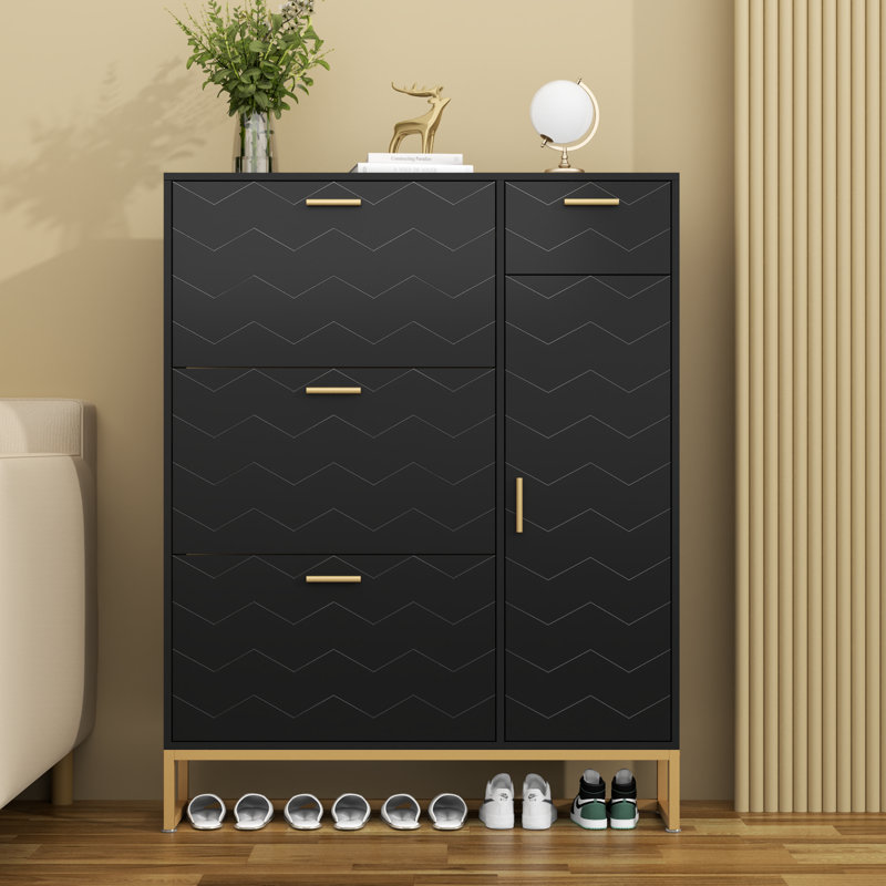 Black Modern MDF Shoe Storage Cabinet with Gold Handles