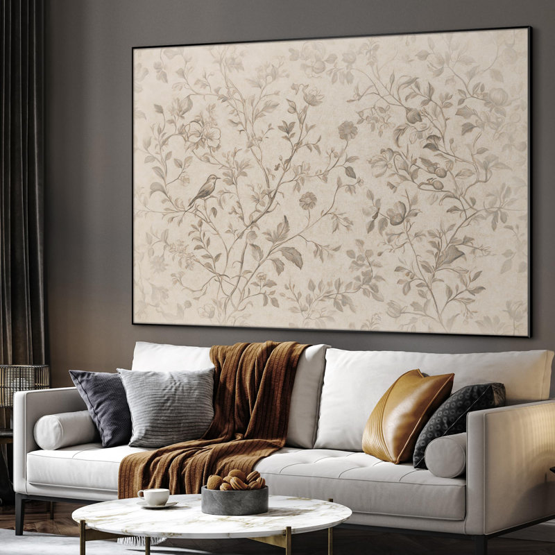 Extra Large Wall Art Fabric Print - Vintage Botanical Floral Drawing with Bird Artwork Decor for Living Room or Bedroom - "Frame Assembly Required (Unfinished Frame)"