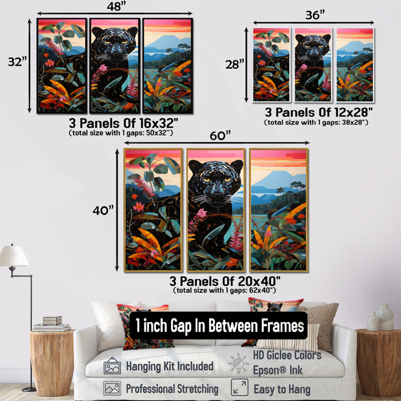 Ensemble de salon Black Panther In Colorful Jungle Landscape I - Panther Animal, Toile avec cadre flottant or