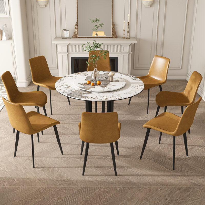 Élégante table de salle à manger en pierre frittée de 53 po avec plateau tournant et style industriel moderne pour la cuisine et la salle à manger