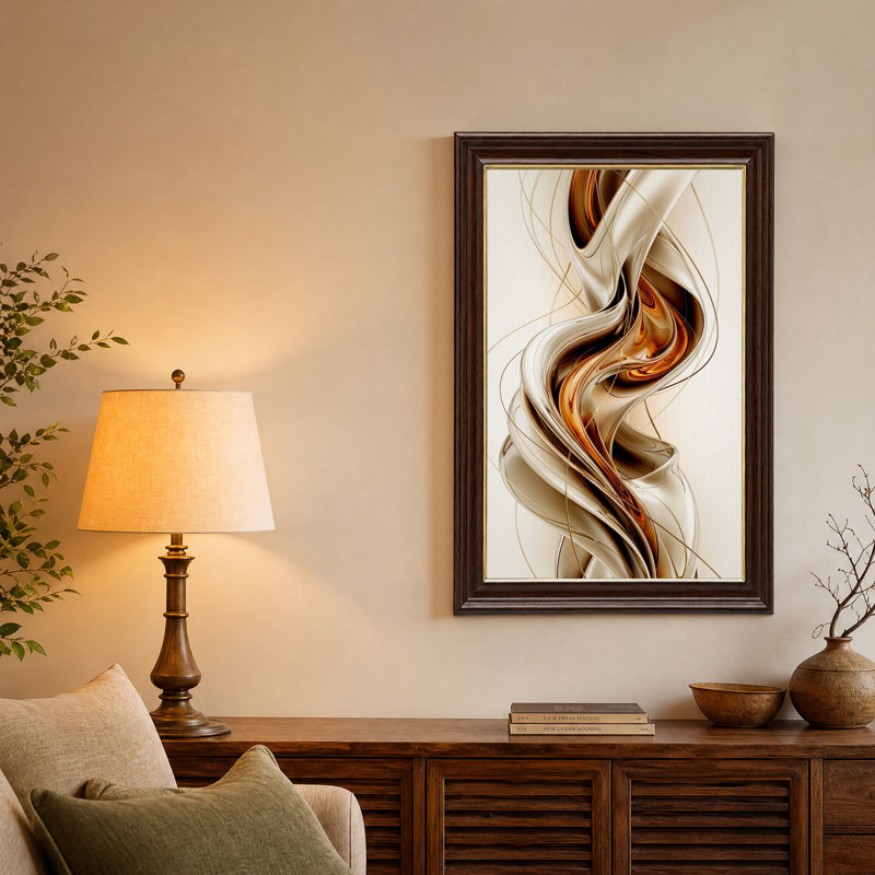 Toile murale abstraite à tourbillons métalliques tourbillonnants bronze et crème, H 24 po x l 16 po