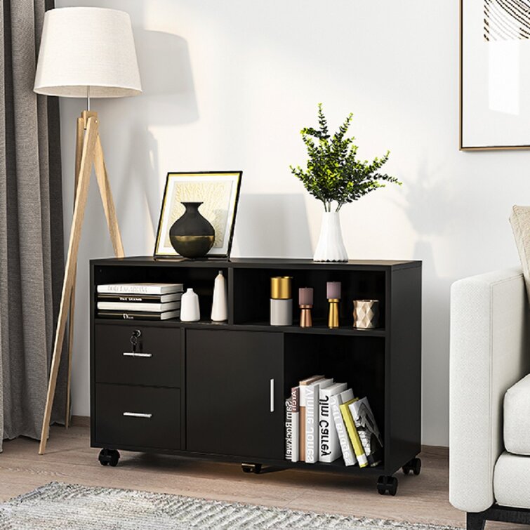 Ayoka 38 W 3-Tiers Wood Storage File Cabinet with 2 Drawers & Door & Casters Ebern Designs Finish/Color: Black