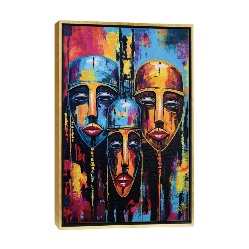 Trio de visages, reproduction d'art sur toile encadrée, H 48 po x l 32 po, Impression encadrée sans passe-partout, Doré