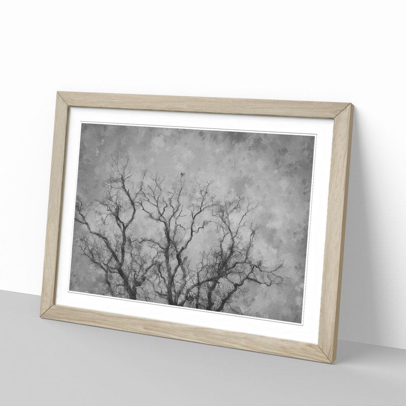 Bird In A Winter Tree Painting - Single Picture Frame Print on MDF, 62cm H x 87cm W x 2cm D, Oak