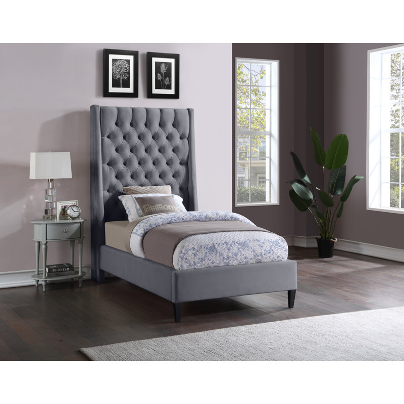 Dymph Upholstered Wingback Bed, Twin, Grey Velvet