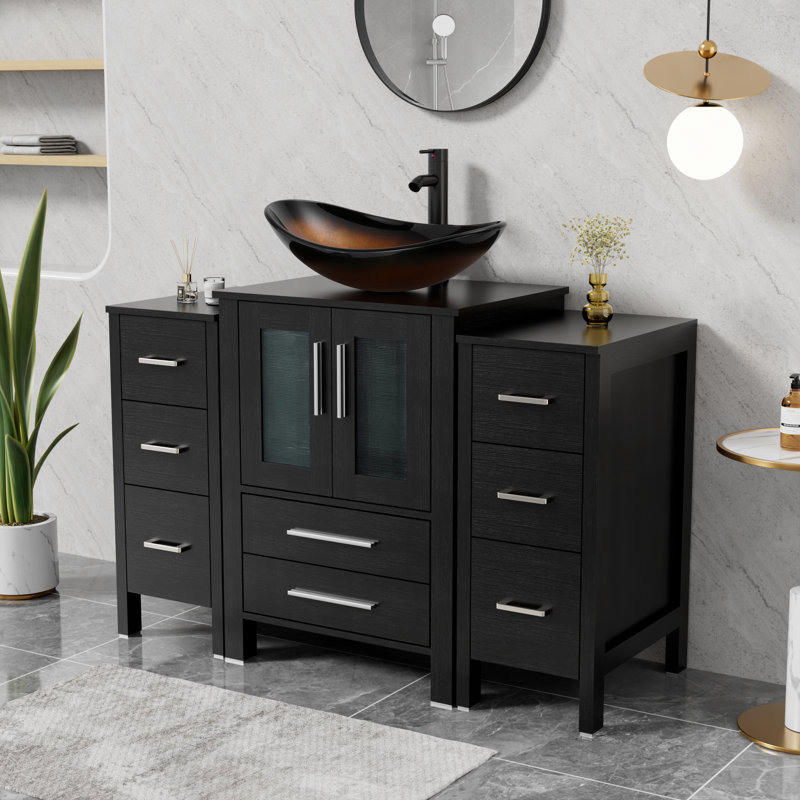 Meuble-lavabo simple 48 po avec lavabo vasque Sharee, comptoir en bois manufacturé, robinet et drain Sharee, Brun, Noir