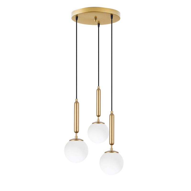 Modern Gold Chandelier with Adjustable Height, 13.4 x 13.4 x 52.8 Inches | Metal Body & Glass Cap, Base Plate Diameter: 11.8 Inches | 3 x E14 Max 40W Sockets, Elegant Scandinavian Design for Home & Dining Room