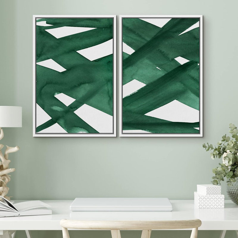 "Lignes entrecroisées vert foncé, formes géométriques", 2 pièces sur toile, Cadre blanc, H 24 po x l 16 po