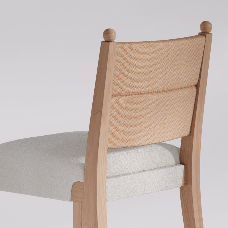 Tabouret de bar en chêne brut avec dossier tressé en jonc de mer et siège rembourré, Boucle / chêne brut, 1