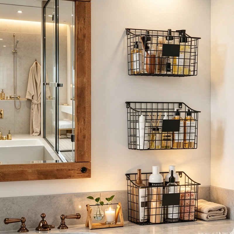 Bathroom 3-Pack No-Drill Wall Wire Baskets – Foldable, 5 Hooks & 3 Labels, Adhesive/Screw Mount, Wall/Countertop for Towels, Toiletries & More