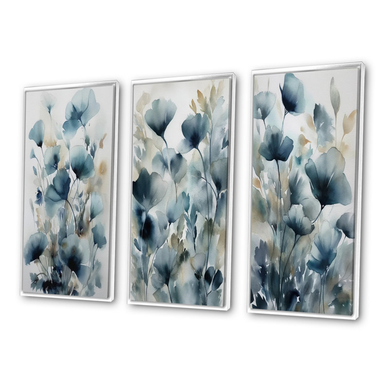 3 pièces sur toile - Feuillage bleu et fleurs, Cadre flottant blanc, H 40 po x l 60 po