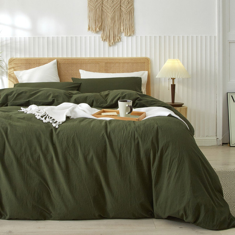 Ensemble de housse de couette 100% coton délavé LifeTown, Housse de couette grand + 2 taies d'oreiller, Vert olive