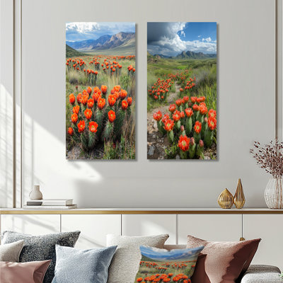 Blooming Cacti Desert at Sunset I – Red Botanical Metal Wall Art Set of 2 Prints