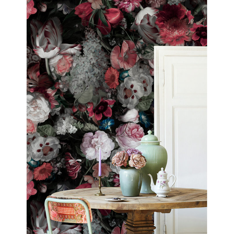 Draughn Peel And Stick Red Flower Bouquet Floral Wallpaper, 150" W x 98" L